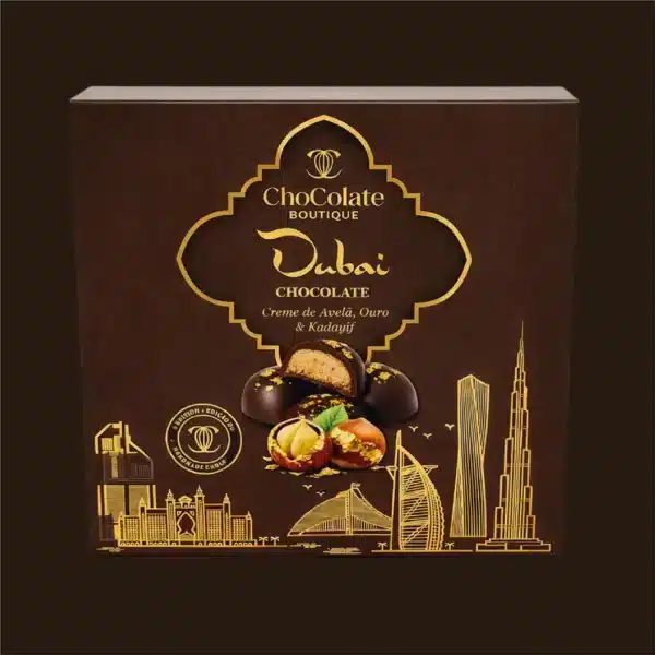 Caixa de bombons de chocolate de Dubai com Creme de Avelã.