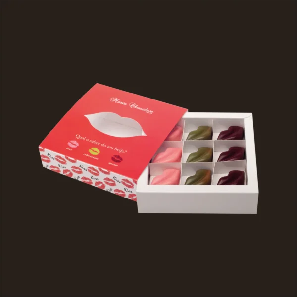 Caixa de bombons de chocolate sortidos.