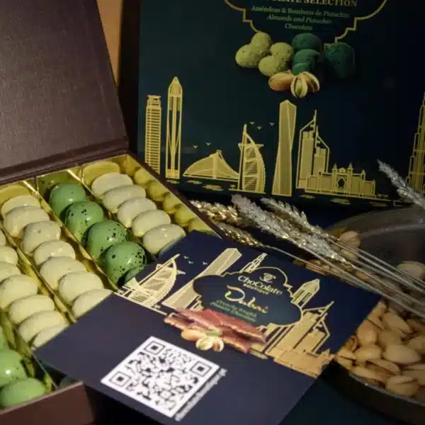 Caixa de amêndoas e bombons de chocolate do Dubai.