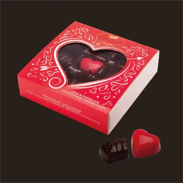 Caixa de bombons de chocolate sortidos.