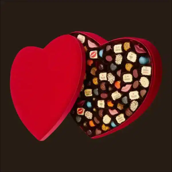 Caixa de bombons de chocolate sortidos.