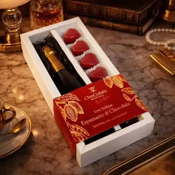 Caixa com espumante e chocolate