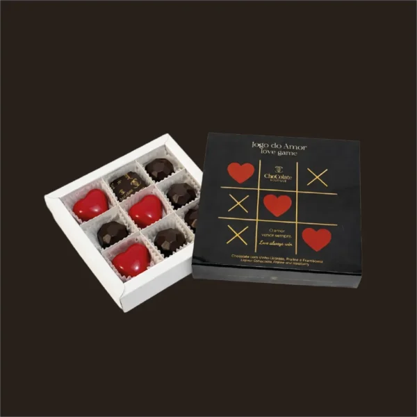 Caixa de bombons de chocolate sortidos.