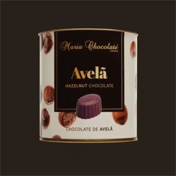 Lata de bombons de chocolate com recheio.