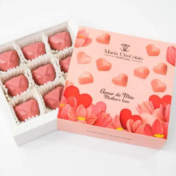 Caixa de 9 bombons de chocolate.