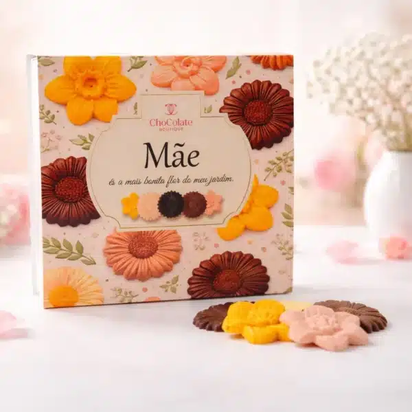 Caixa de flores de chocolate sortidos.