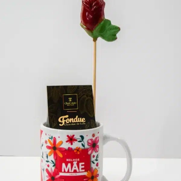 Caneca chocolates sortidos e chupa de chocolate.