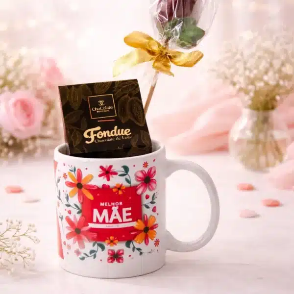 Caneca chocolates sortidos e chupa de chocolate.