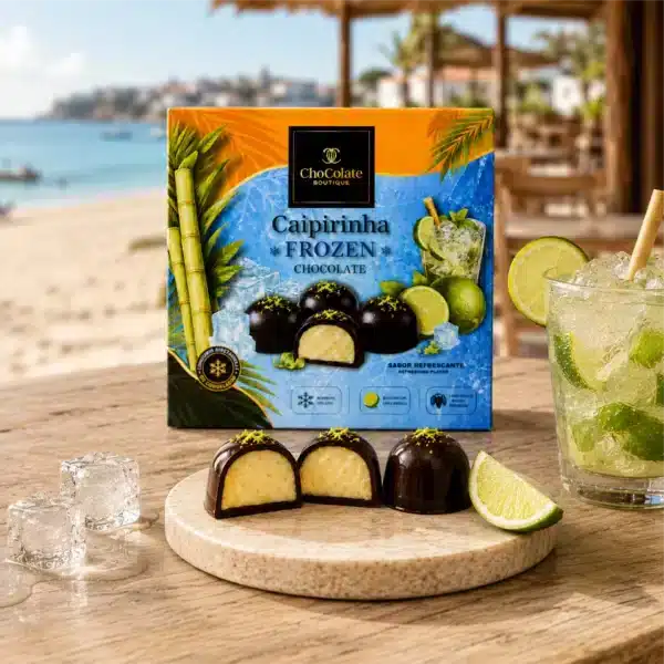 Caixa de bombons de chocolate artesanal com recheio de caipirinha.