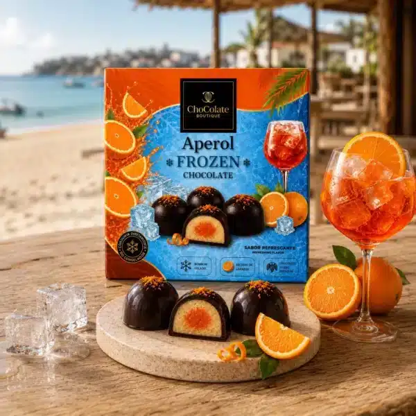 Caixa de bombons congelados de chocolate artesanal com recheio de Aperol.
