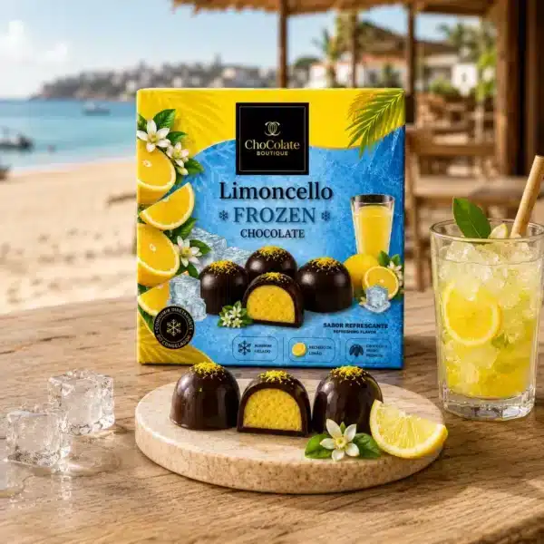 Caixa de bombons congelados de chocolate artesanal com recheio de Limoncello.