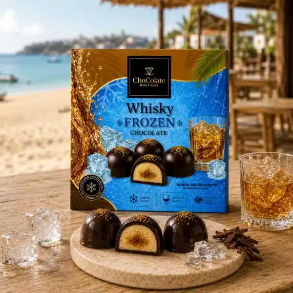 Caixa de bombons congelados de chocolate artesanal com recheio de Whisky.